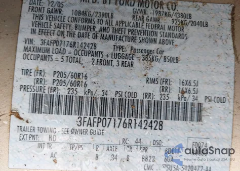 2006 Ford Fusion Se из США, поврежденный, VIN 3FAFP07176R142428